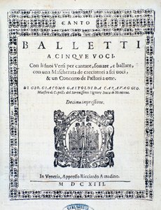 Frontispiece of Balletti for five voices by Giovanni Giacomo Gastoldi