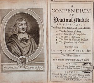 Frontispiece of Compendium of practical music in five parts with lessons of viola da gamba by Cristopher Simpson by Unknown artist