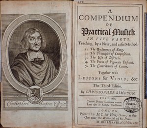 Frontispiece of Compendium of Practical Music with portrait of Christopher Simpson by Unknown artist