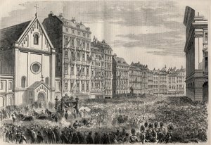 Funeral of Emperor Maximilian I of Mexico: arrival of the funeral cortege in front of the Capuchins Church of Vienna. Engraving in 