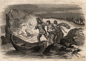 Gallic Wars, 58-51 BC. Roman victory over the German tribes under Ariovistus - Ariovistus forced to recross the Rhine - engraving in 