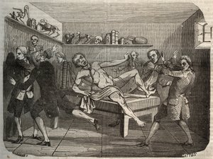Galvanization of the corpse of a hangman with the pile of Alessandro Volta: under the influence of electricity, the corpse seems to come back to life. Engraving from 1856 in Le Musee Des Sciences by Unknown artist