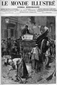 Garbage box, the new truck rue du Cherche Midi in Paris. Men and women picking up waste on a street in Paris to put it in a cart, thus cleaning up life by Unknown artist
