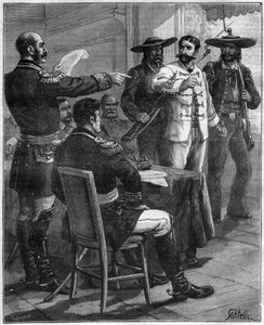 Gaston de Raousset-Boulbon translated before a council of war, in 1854 in Mexico - engraving of 1888 by Unknown artist