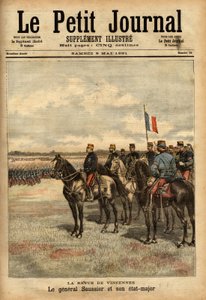General Felix Gustave (Felix-Gustave) Saussier (1828-1905) and his staff reviewed the troops at Vincennes. Engraving in 