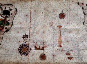 Geography: detail of a navigation map of Luis Lazare representing the islands of the Tristan da Cunha archipelago and the caravel of the explorer of the same name, off the coast of South Africa