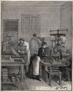 Gilding of books in iron in a workshop in France in the 19th century. Engraving from 1885 in 