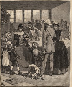 Glass art: tourists buying a pearl blown in a glass factory in Venice, Italy. Engraving from 1885 in 