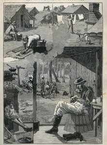 Gold seekers in Australia: daily life of miners during their rest days (cleaning and drying of linen, socks, etc.). Engraving from 1885 in 