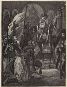 Greek War of Independence 1821 - 1829: bishop Germanos III of Old Patras blessing the flag of the fight for freedom, Agia Lavra monastery, 21th March 1821 - engraving after painting by Unknown artist