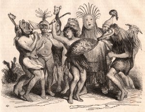 Group of Brazilian savages dancing with costumes, masks and traditional headdresses by Unknown