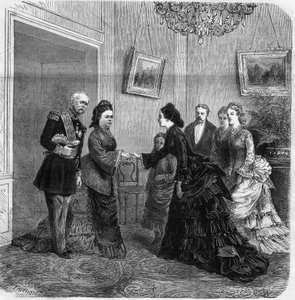 Handshake between Elisabeth de Mac Mahon (1834-1900) and the Austrian Empress Elisabeth de Wittelsbach (1837-1898) (Sissi) during the visit of the President of the French Republic Patrice de Mac-Mahon (1808-1893) to Austria. 1875. Engraving in "The Univers by Unknown artist