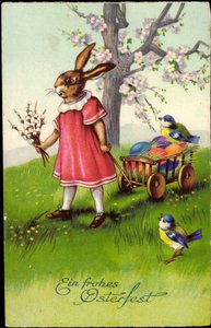 Happy Easter, Easter Bunny Pulls Wagons, Easter Eggs, Sparrows by Unknown Artist