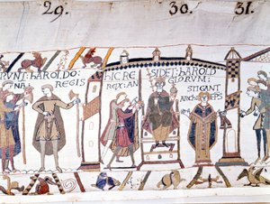 Harold II (1022 - 1066) was proclaimed king at the death of Edward the Confessor in 1066 but soon died at the Battle of Hastings. Bayeux tapestry or Embroidery by Queen Mathilde.