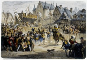 Henri II (1519 - 1559) Fatally Wounded by Montgomery During the Tournament of 29 June 1559, Rue St Antoine, in Front of the Palais des Tournelles - Lithography by Unknown artist