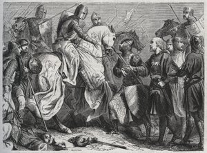 Henry III (Henry III Plantagenet of England) (1207-1272) is captured by Simon V of Montfort (ca. 1208-1265) at Lewes in Sussex 1264 - engraving 1864