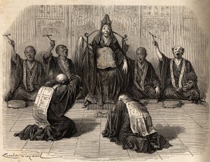 High Buddhist priest being adored, surrounded by his disciples rhythming the ritual with gong and cymbals. Engraving to illustrate the voyage to Japan in 1863-1864, by Aime Humbert, minister of the Swiss Confederation, in Le tour du monde, nouveau journal