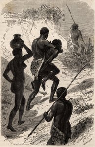 His majesty Katchiba on a journey, leader of the Obbos tribe (tribe of the White Nile region), on the back of one of his subjects and always accompanied by two others so that they serve alternately as a guide and a mount, a woman accompanies them who wears by Unknown artist