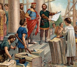 Historical episodes of famous cities: Clovis elects Paris as permanent residence (in 508). Chromolithography of the 19th century
