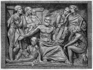 Homer singing with his lyre in a town in Ionia. Engraving after the low relief of Mr. Hugues, grand sculpture prize of the 1875 school competition. by Unknown artist