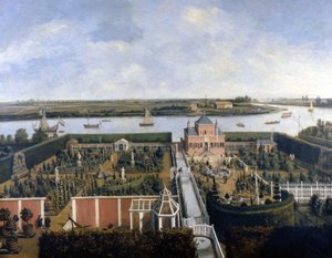 House on the banks of a river. 17th century illustration. Historic Museum of Amsterdam