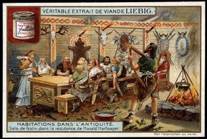 Houses in Antiquity: feast room in the residence of Harald I Harfager (850-933) called Belle Chevelure, king of Norway by Unknown artist