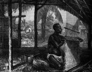 Human Zoo: Weaver from Gabon at the World Exhibition of 1889. Engraving in Le Journal de la Jeunesse