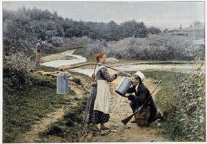 Hunter and girl at the fountain (Russia) - photography, late 19th century by Unknown artist
