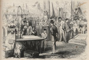 Imperial Prince Eugene Louis Joseph at the feast of Fontainebleau. He tries to decoify a puppet with the help of a ball hanging from a string. Engraving in 