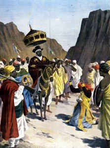 In Borumieda, the Ras Mangacha, governor of the Tigrai province (Tigray) in Abyssinia makes an act of submission to Negus Menelik II (1844 - 1913) with the stone around his neck. 1899. Illustration for the press