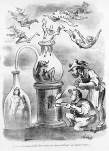 In the alchemy laboratory of the associates Garibaldi and Cavour we see gradually dissipating the unnecessary steam (represented by the masks of the Italian regions), and remaining the substance (Italy) caricature of the satirical newspaper Il Fischietto