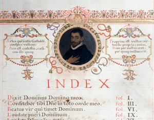 Index page with portrait of Giovanni Giacomo Gastoldi