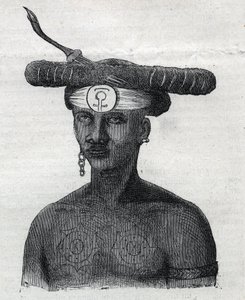 Indigenous people of New Guinea: inhabitant of the Arfaque Mountains. Engraving in 