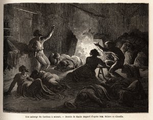 Inside a Caribou Inn (Canada), at midnight, intoxicated trappers and miners sing, then fall to the ground, or fall asleep in a blanket. Engraving to illustrate the voyage from the Atlantic to the Pacific (route du nord ouest par les terres), in 1862-1864 by Unknown artist