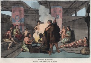 Interior of a large communal house in Nootka Sound, with villagers smoking and drying fish, sleeping and caring for children - engraving from 