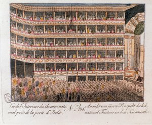Interior view of the National Theatre near the Italian Gate in Vienna, Austria. Engraving of 1815 by Unknown artist