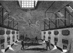 Internal view of a gas factory. Engraving from 1860-1861.