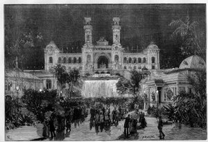 International Exhibition of Nice: the palace of the exhibition light with electric light. Engraving in Le Monde Illustré