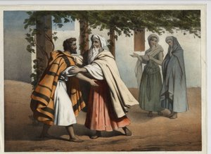Jacob Fleeing the Vengeance of Esau His Brother Was Greeted by Laban. Anonymous Engraving of the 19th Century.