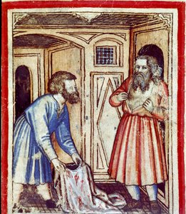 Jacob learns of the death of his son Joseph, sold by his brothers to the Egyptians (Miniature from Codex 212 or Bible of Padua, 1390-1400)