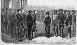 January 1873: Adolphe Thiers (1797-1877), French politician, President of the Republic accompanied by the Minister of War and General Hartung visits the Ecole Polytechnique. Engraving from 1873.