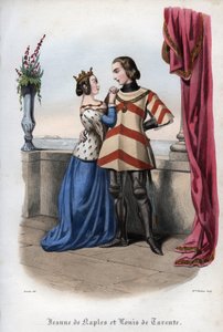 Joan I, Queen of Naples and Louis, Prince of Taranto. Engraving from 1842 in Histoire des popes by Maurice Lachatre. Private collection. by Unknown artist