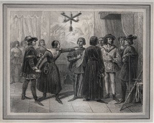 Joan of Arc, arrived at Chinon (1429) recognized in Charles VII, who was in the crowd of courtiers (engraving in 
