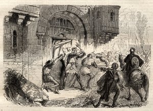 John II Comnenus, Byzantine emperor - The Emperor John II Comnene (1087-1143) at the head of the Greeks driving the door of his Palace in Constantinople - engraving in 