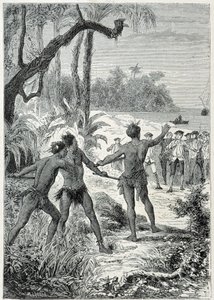 Journey of Captain James Cook (1728-1779) to New Guinea: The First Encounter with the Natives - Illustration from The Great Mariners of the 18th Century by Unknown artist