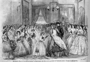 Journey of Emperor Napoleon III (1808-1873) and his wife Eugénie de Montijo (1826-1920) to the Duke of Savoy following the annexation of the County of Savoy (March Turin Treaty): here the imperial couple visiting Grenoble meet young girls who came to prese by Unknown artist