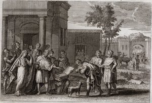 Kingdom Bible, Old Testament: Abimelech Punished by God. Abimelech, King of Gerar, Having Taken Sarah by Force, is Deluded by God and Returns Her to Abraham by Unknown artist
