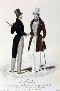 La Mode du 26 juillet 1834: sheet suit - trousers casimir - Redingote with velvet collar - vest of piqué - trousers taupe skin and top hat