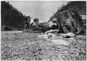 The catastrophe of Saint-Gervais (Saint Gervais) or catastrophe of the glacier of the Tete Rousse (department of Haute-Savoie) (12-13 July 1892) - Bains de Saint-Gervais after the disaster with the huge blocks transported by the torrent, Engraving in 