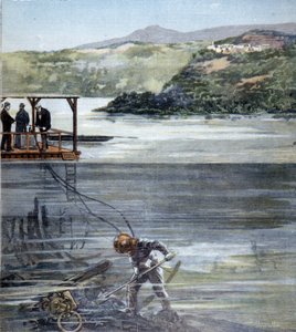 The Diver Paolo Pardi Working on Roman Boats in Lake Nemi with the Siebe Diving Suit in 1893 by Unknown artist